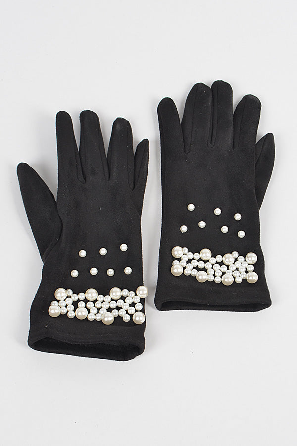 Pack of 6 Faux Suede Gloves with Imitation Pearl in Black Color - 1548 Model