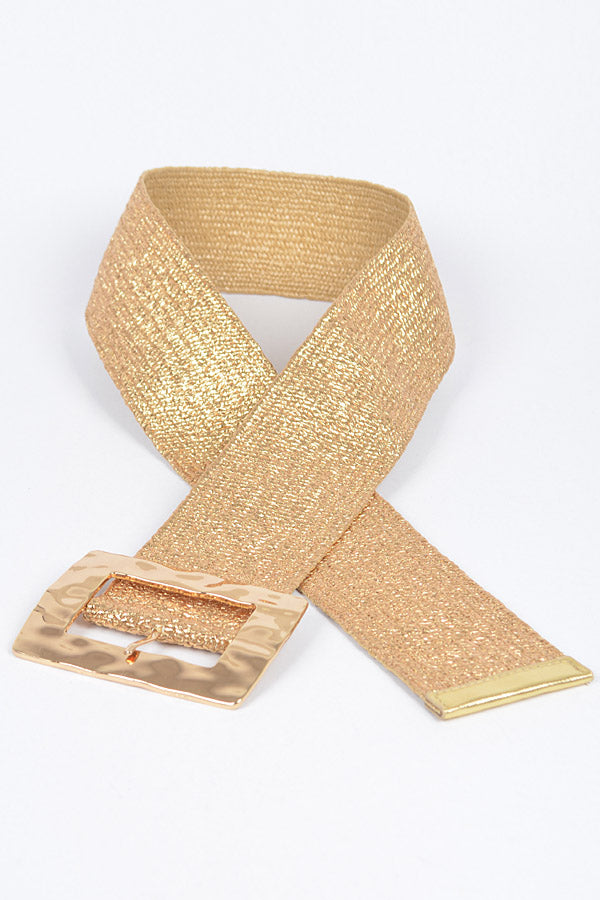 Pack of 6 Rectangle Metal Buckle Stretch Straw Belts in 7578 Gold Color