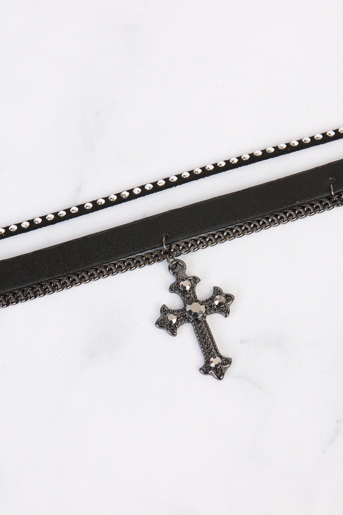 Pack of 6 Black Leather and Metal Cross Choker Necklaces