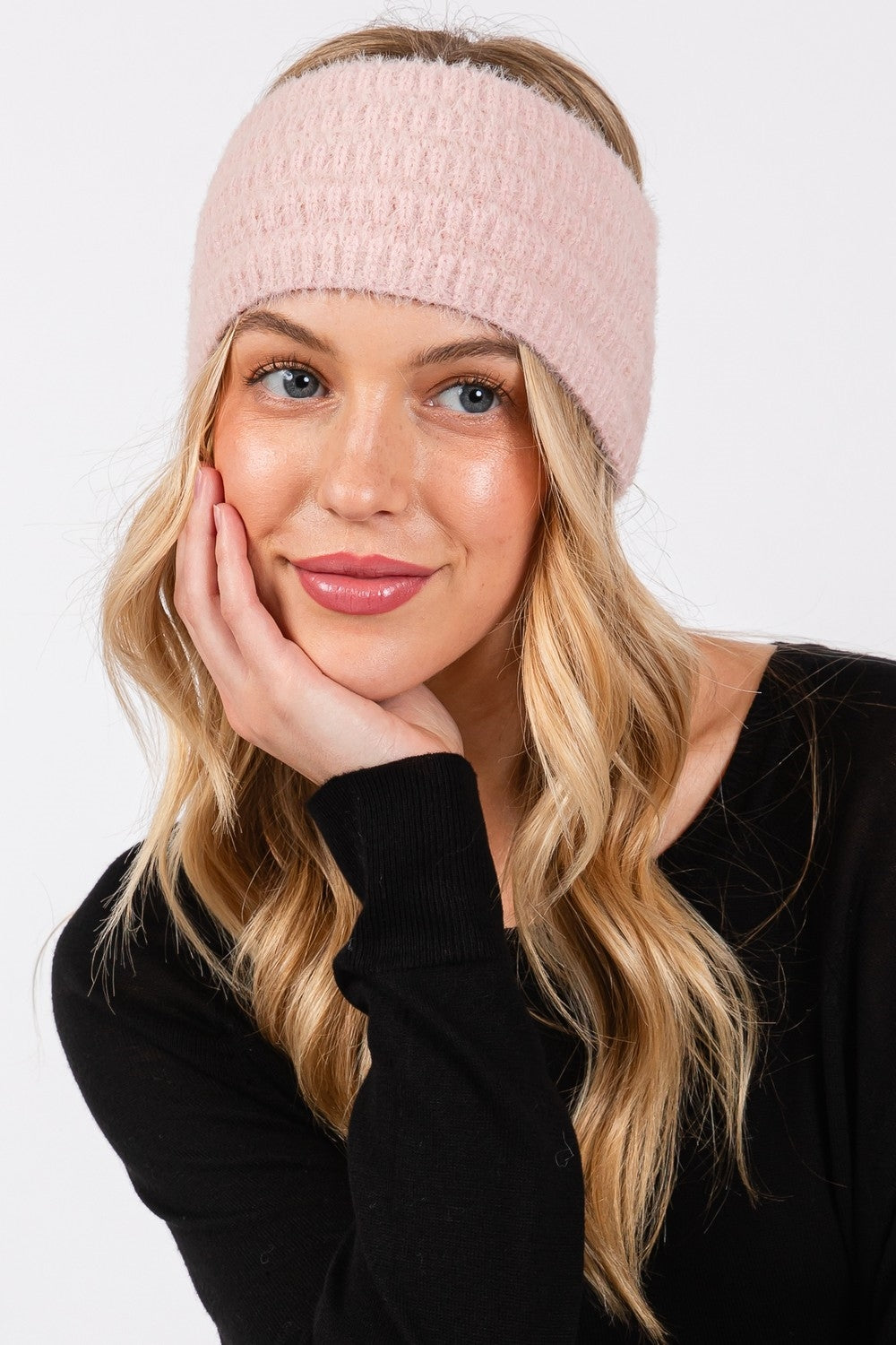 Pink Fuzzy Cable Knit Headbands - Set of 6