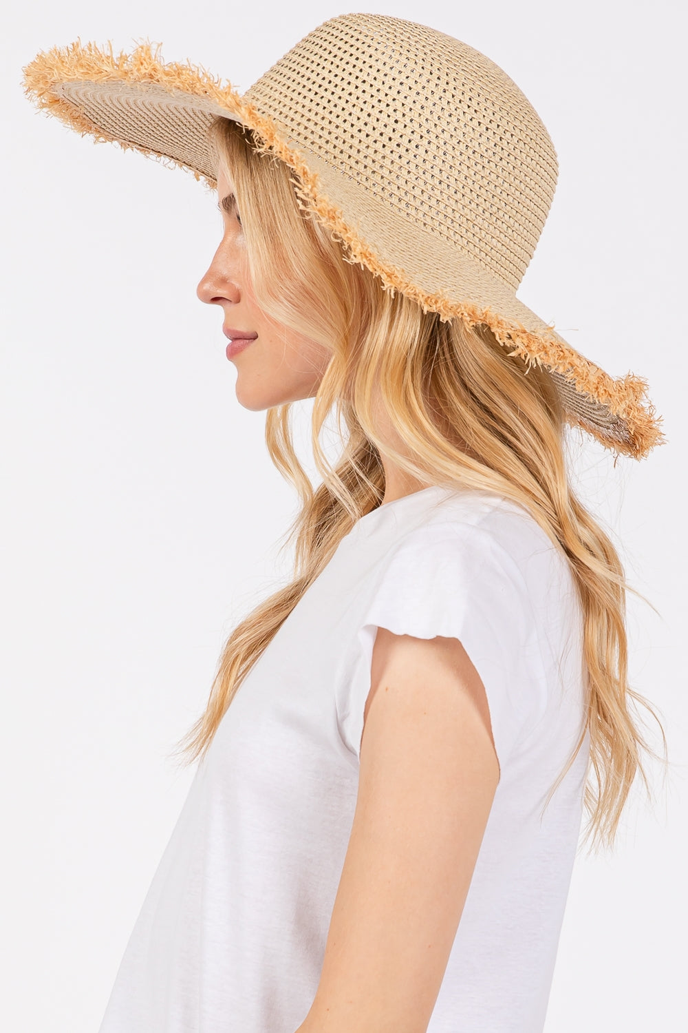 Beige Frayed Edge Floppy Straw Hats - Pack of Six for Casual Wear