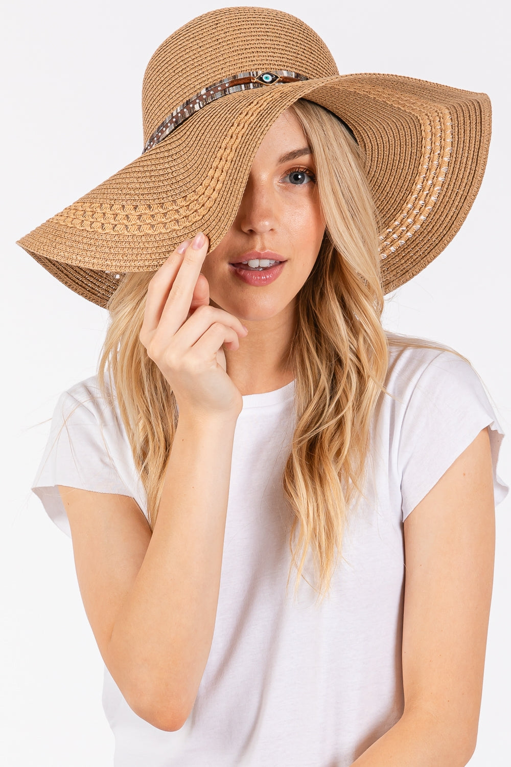 Fashionable Wide Brim Straw Hat with Evil Eye and Multi - Patterned Band in Taupe Color - Set of Six