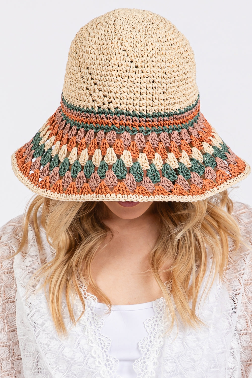 Six - Piece Set of Multicolored Rust - Toned Straw Bucket Hats