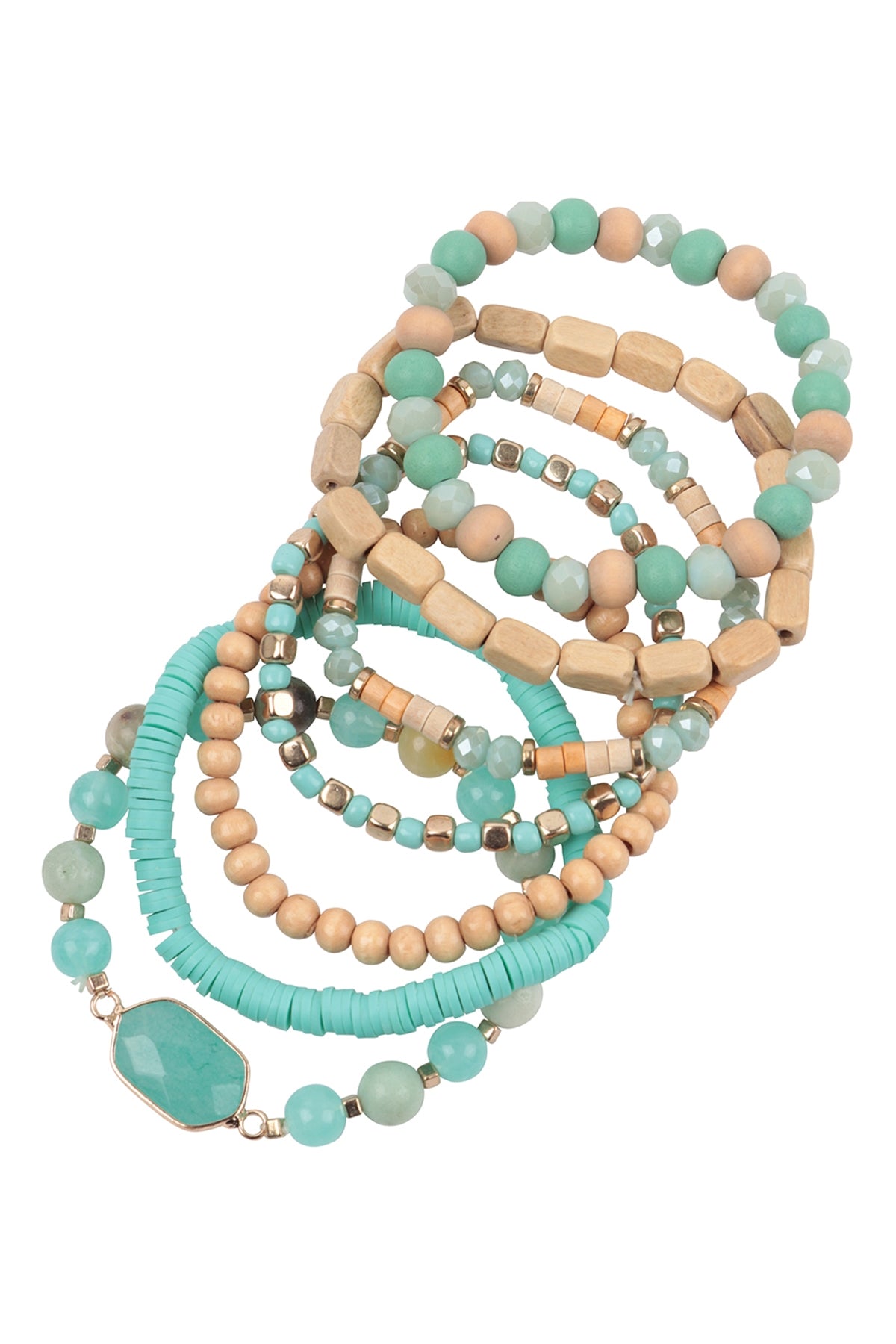 Stackable Bracelet Set of 6 with Amazonite, FIMO, and Rondelle Mix Wood Charms