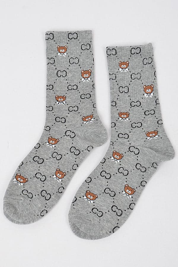Pack of 6 Gray Teddy Bear Socks - Style 1358
