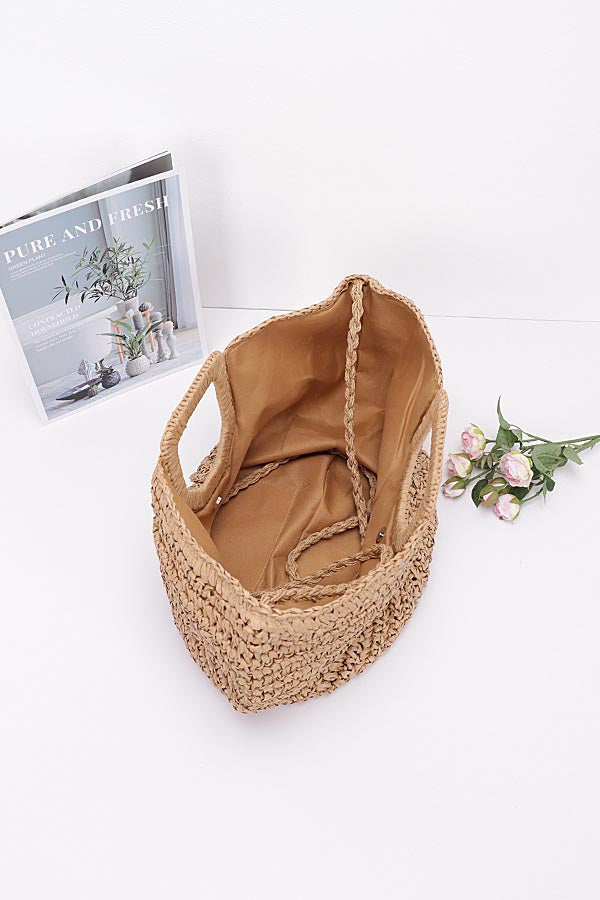 Set of 3 Handmade Faux Straw Handle Bags in Khaki 3511