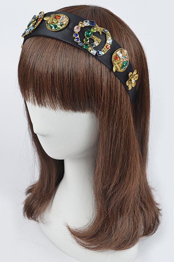 Pack of 6 Black Plastic Hairbands with Imitation Gemstones - Model 6112