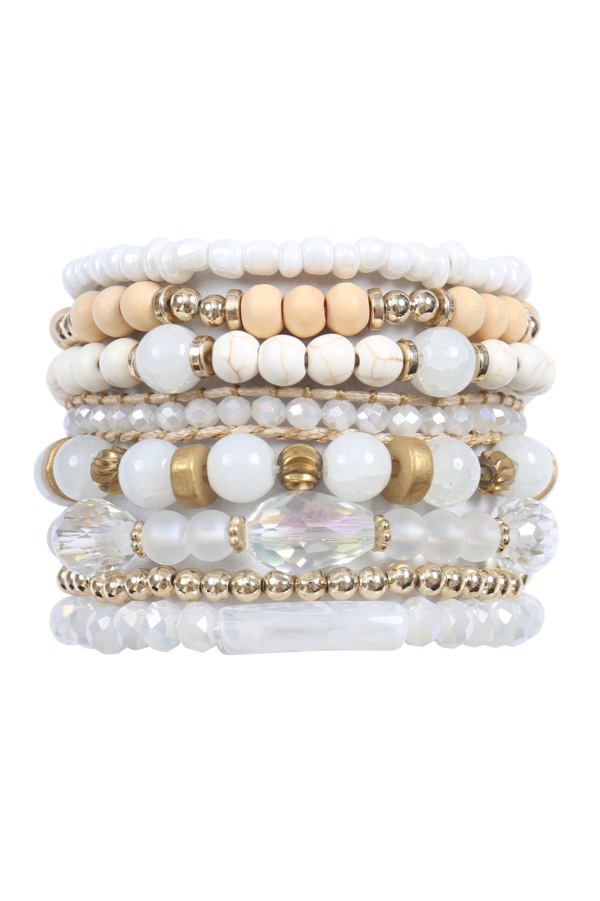 Versatile Layered Stackable Bracelet Set Made of Natural Stone and Wood with Charm Mix Beads in White Color - Pack of 6 Pieces