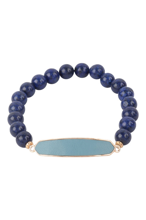 Navy Natural Stone Bracelets with Leather Accents - Set of 6