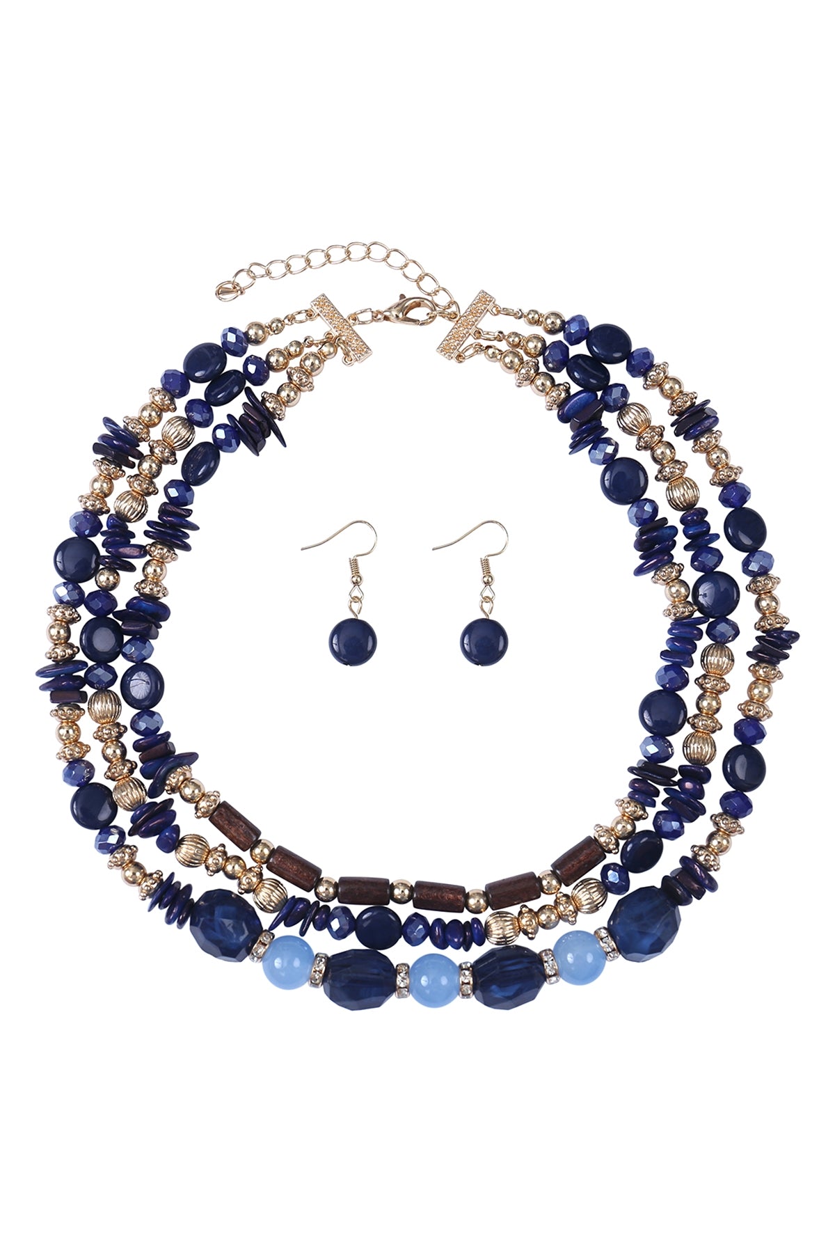 Navy Blue 3 - Line Layered Natural Stone & Mix Beads Necklace and Earring Set - Pack of 6