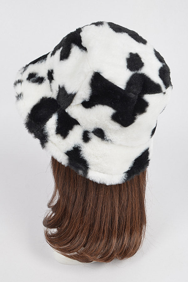 Set of 6 Cow Print Fur Bucket Hats in Beige 4261