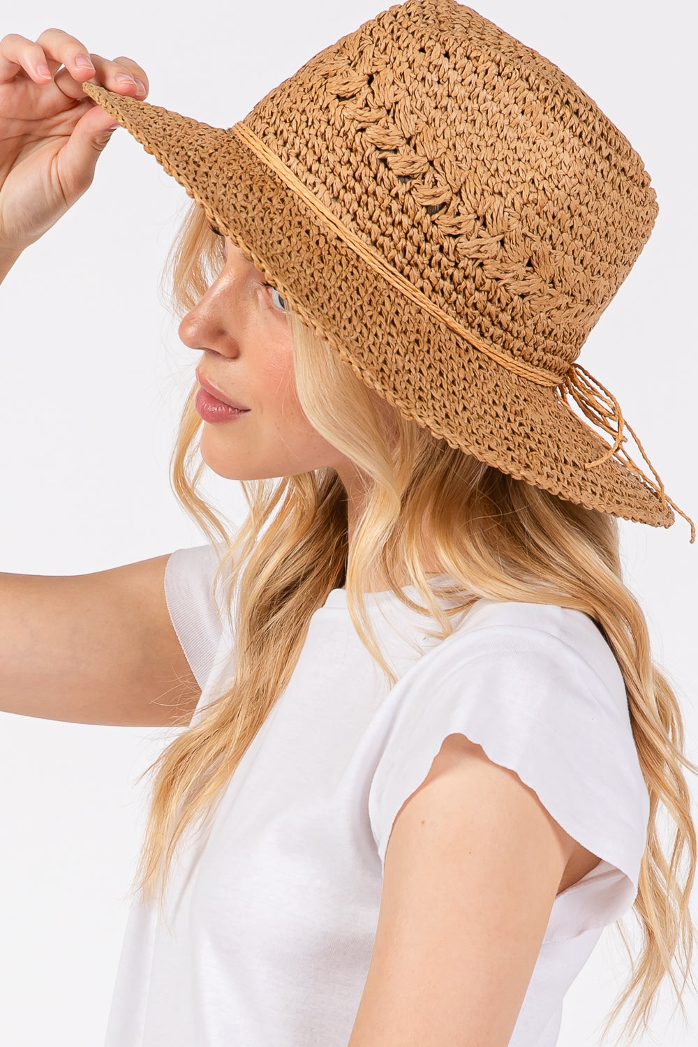 Taupe Crochet Straw Sun Hats - Set of 6