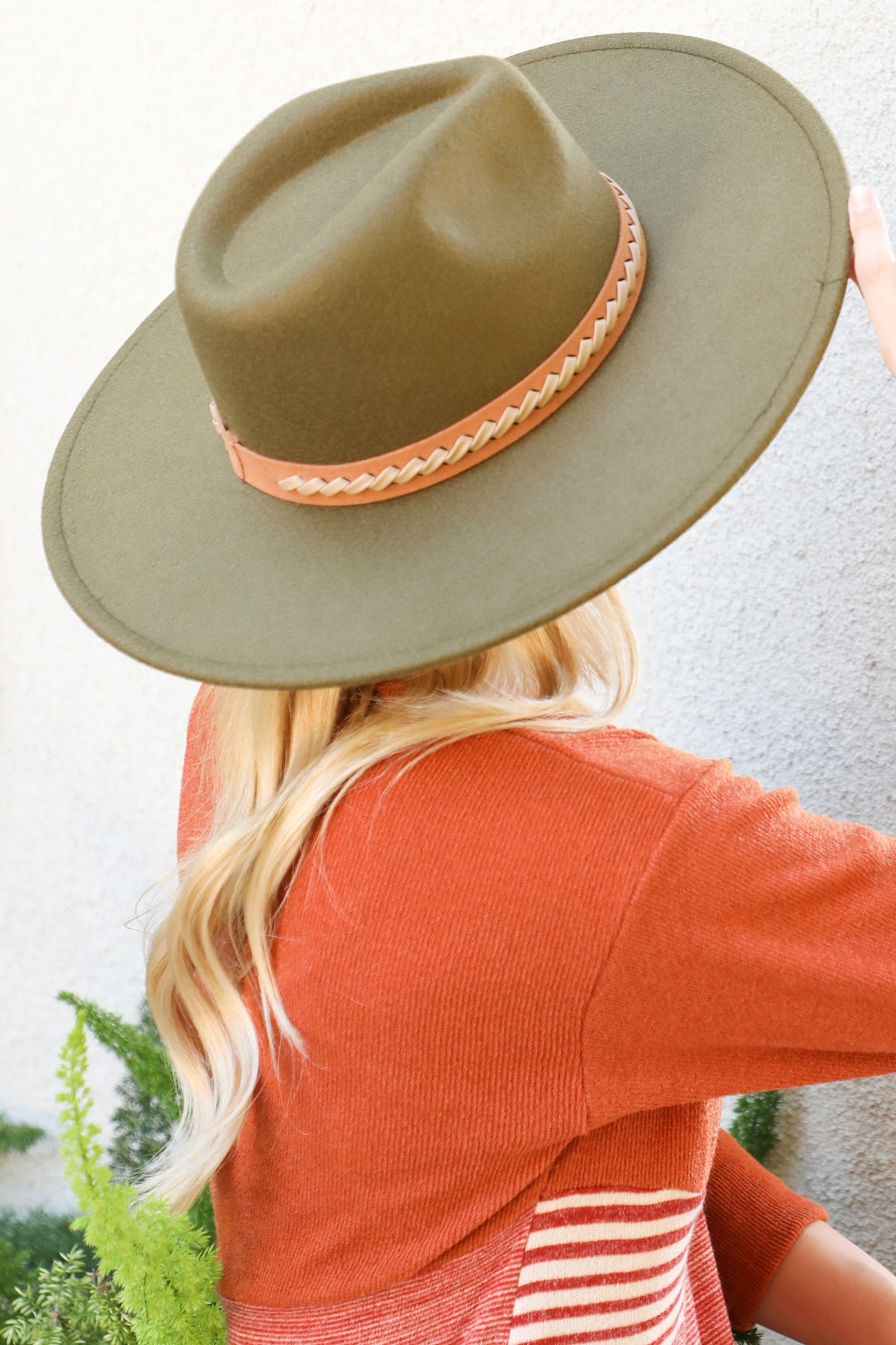 Fashionable Felt Brimmed Hat with Leather - Braided Design in Olive Color - Pack of Six Pieces