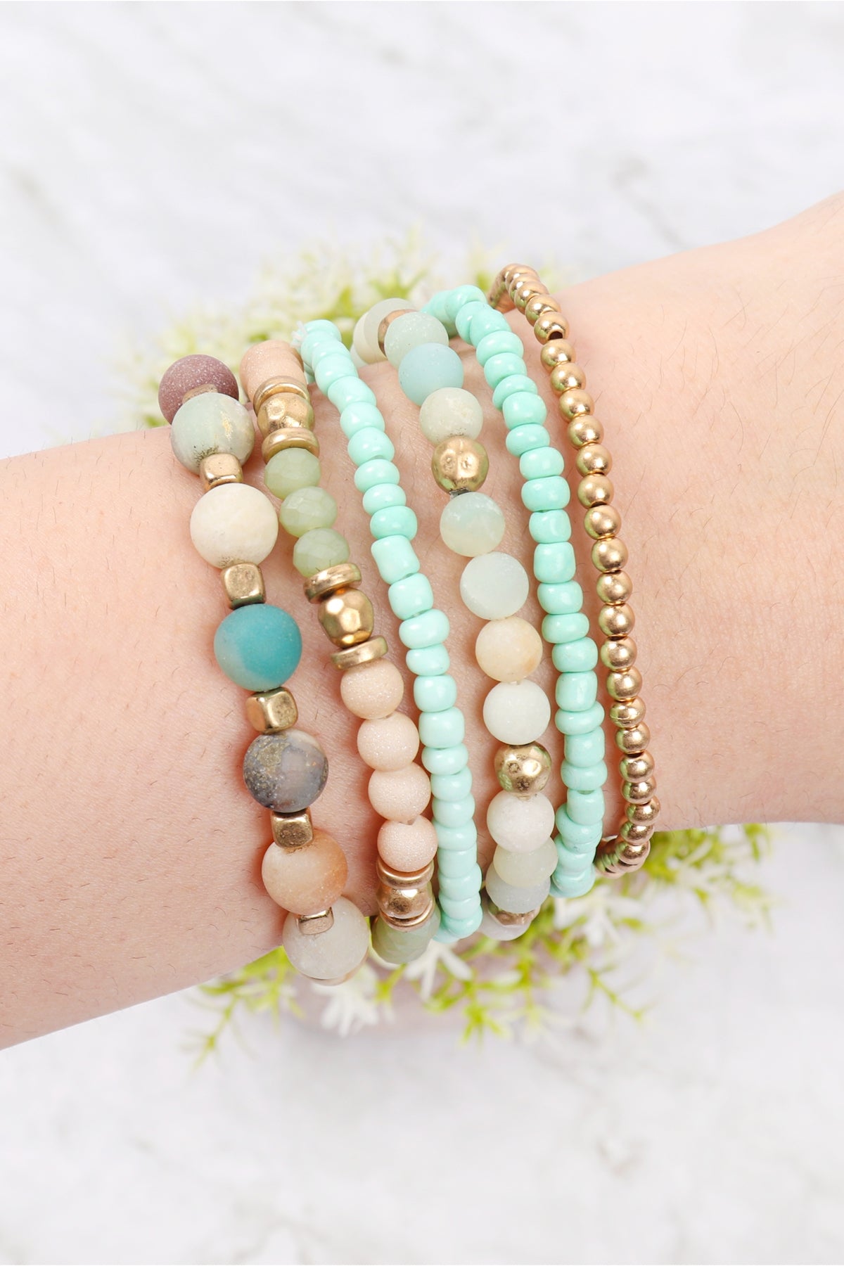Set of 6 Stretchable Amazonite Natural Stone Mixed Bead Charm Bracelets