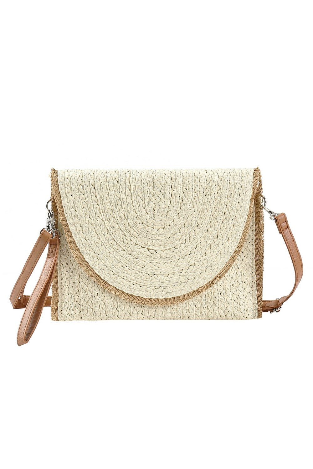 6-Pack Beige Two-Tone Frayed Trim Straw Clutch and Crossbody Bags