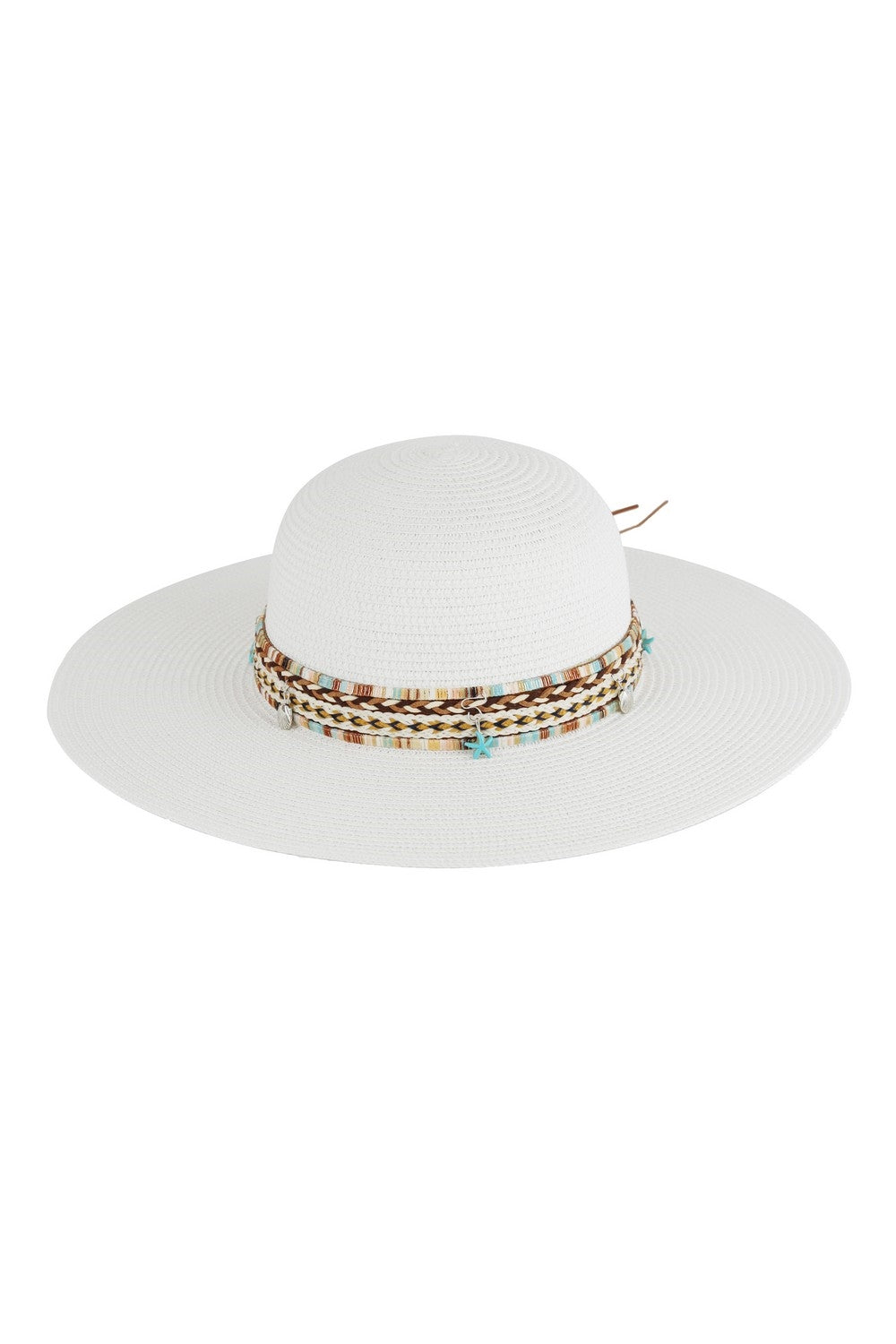 Pack of 6 White Floppy Straw Hats with Bohemian and Sea - themed Bands