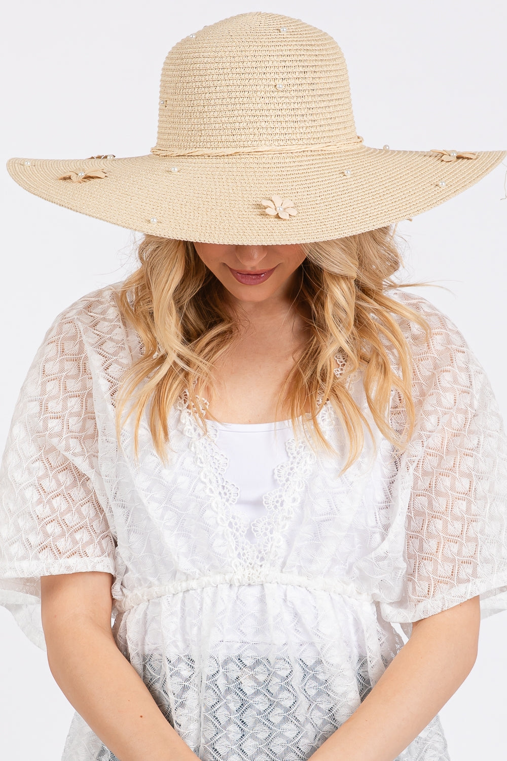 Beige Daisy and Pearl Decorated Wide Floppy Sun Hat - Pack of 6
