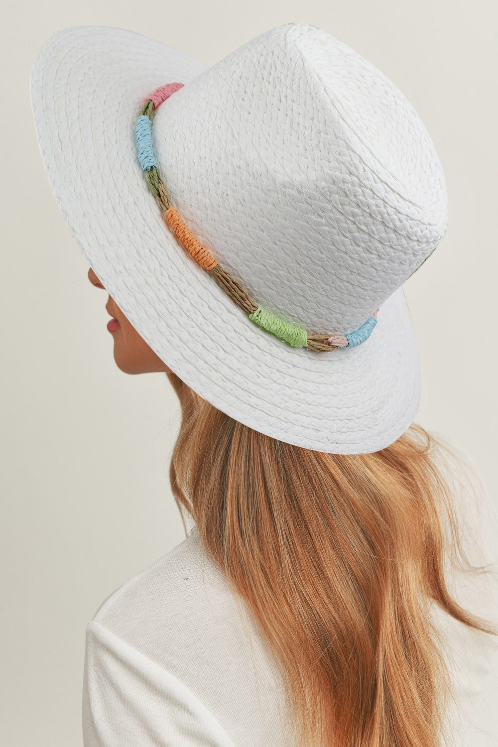 Pack of 6 White Multicolor Straw Band Straw Hats