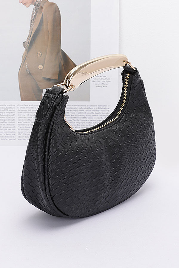 Set of 3 Embossed Faux Leather Bags with Metal Handles in Black