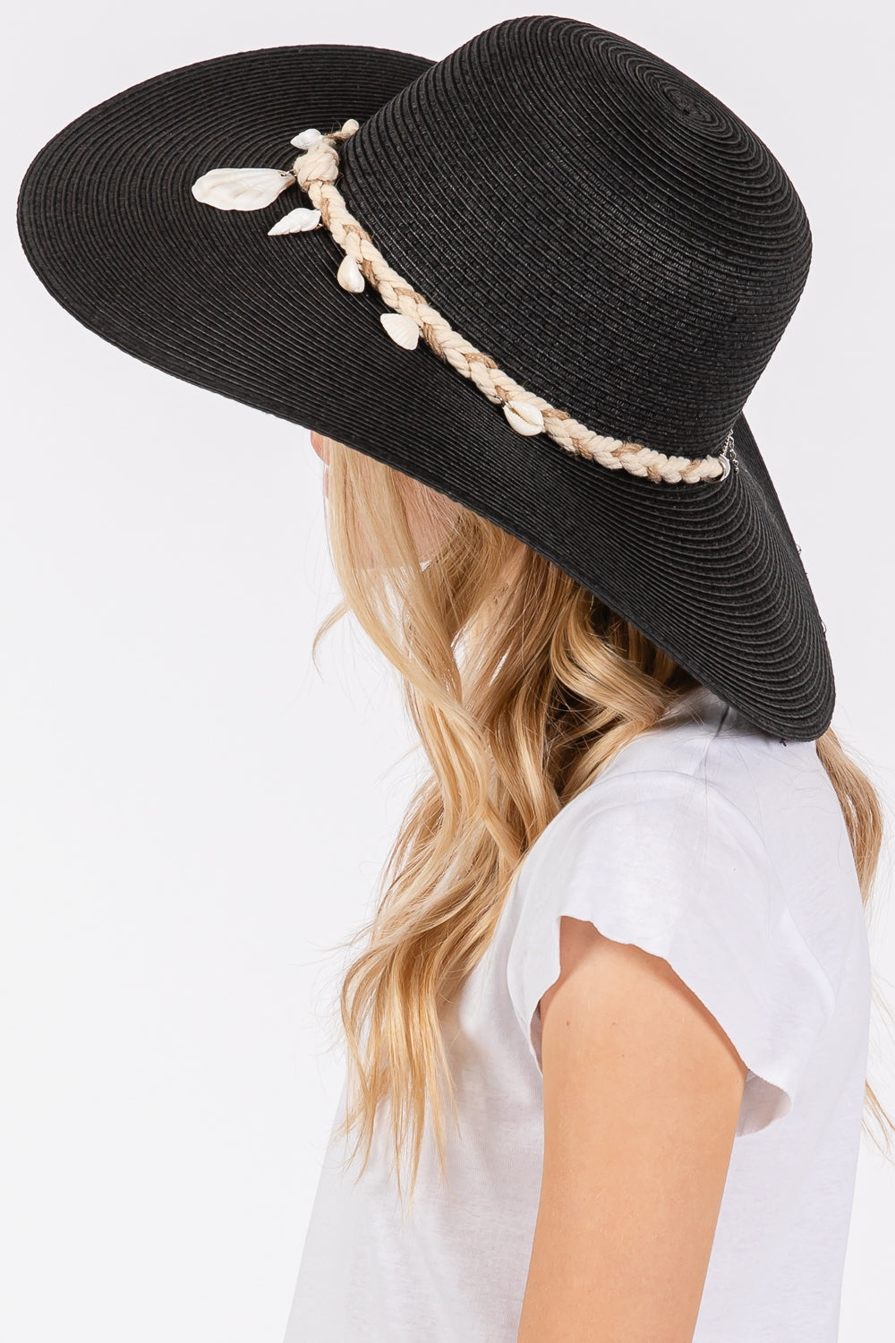 Pack of 6 Black Wide-Brimmed Straw Sun Hats with Shell and Conch Braided Bands for Summer