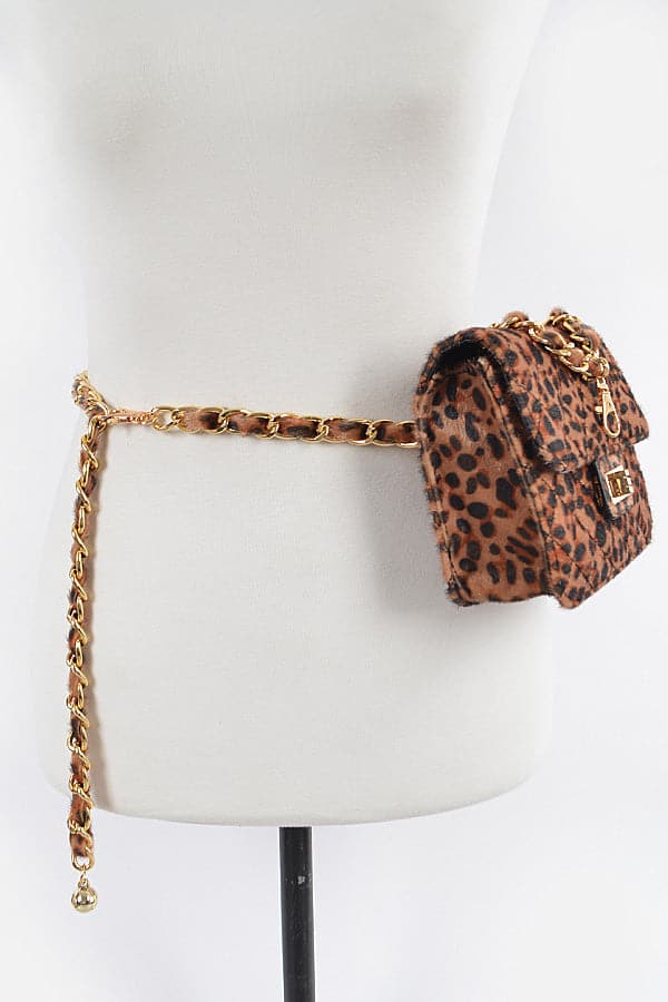 Set of 3 Faux Leopard Print Skin Bags with Chain Belt - 3497 Model