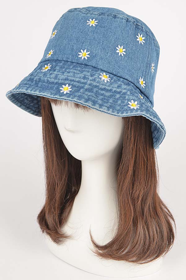 Pack of 6 Medium-Sized 5871 Blue Denim Flower Embroidery Bucket Hats