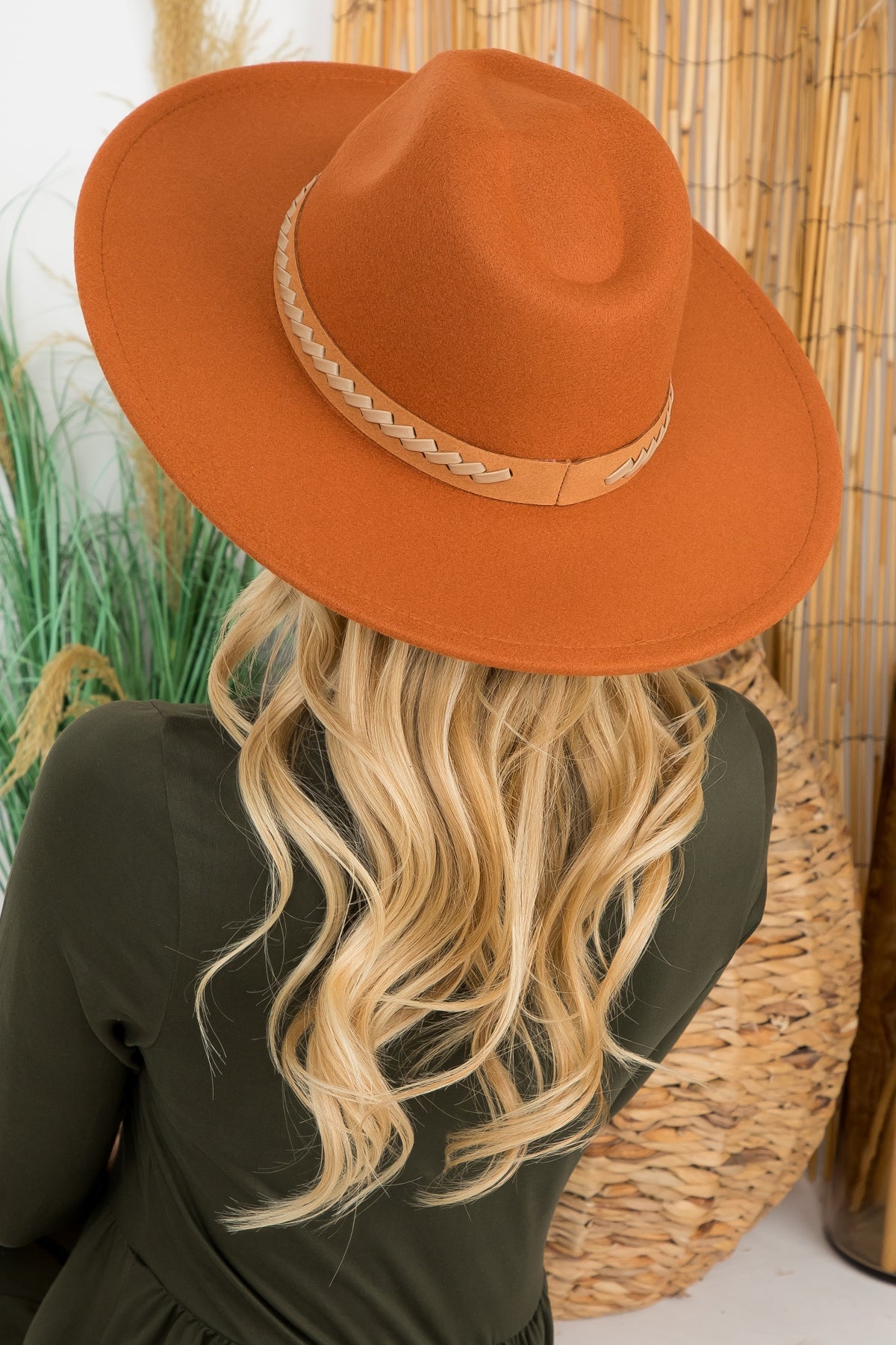 Fashionable Felt Brimmed Hat with Leather Braided Design in Camel Color - Pack of Six Pieces