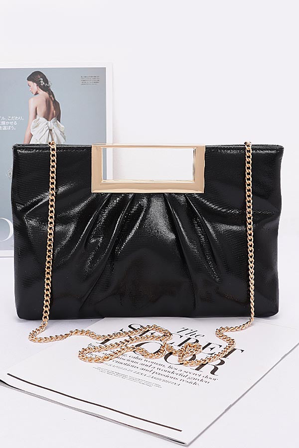 Set of 3 Faux Leather Metal Handle Clutches in Black - Style 8146