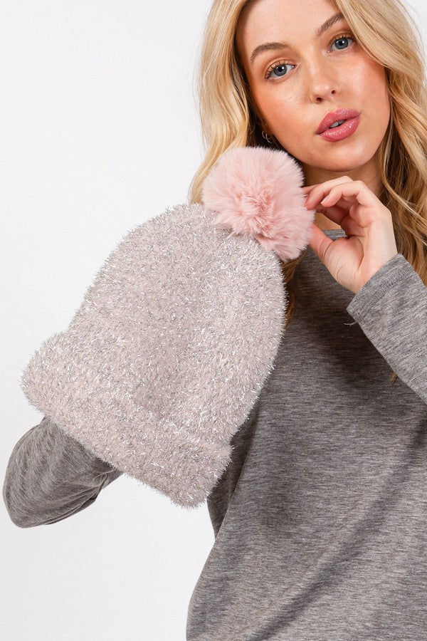 Pack of 6 Taupe 0810 Lurex Mixed Pom Pom Beanies