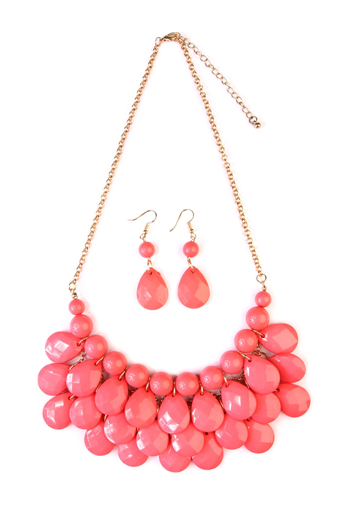 Set of 6 Coral Teardrop Bubble Bib Necklaces and Earrings