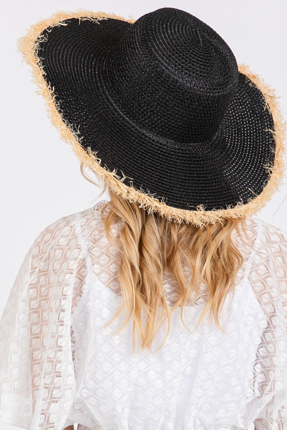 Pack of 6 Black Frayed Edge Soft Straw Hats