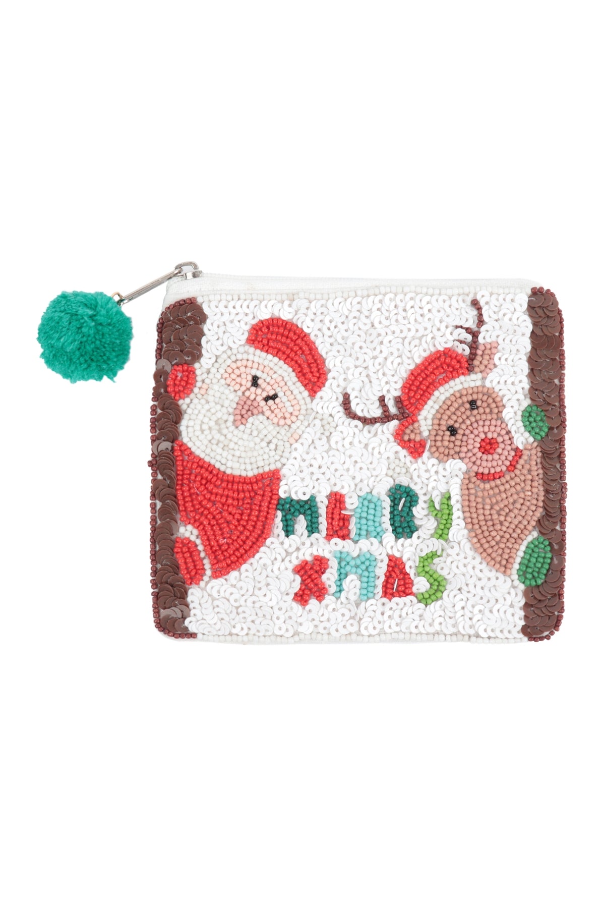 White Merry Christmas Santa and Reindeer Themed Sequin and Seed Beads Embellished Coin Pouches - Pack of Six