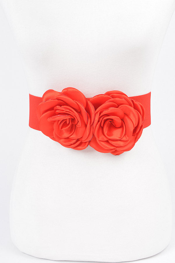 Set of 6 Red Double Satin Flower Elastic Belts - 8678