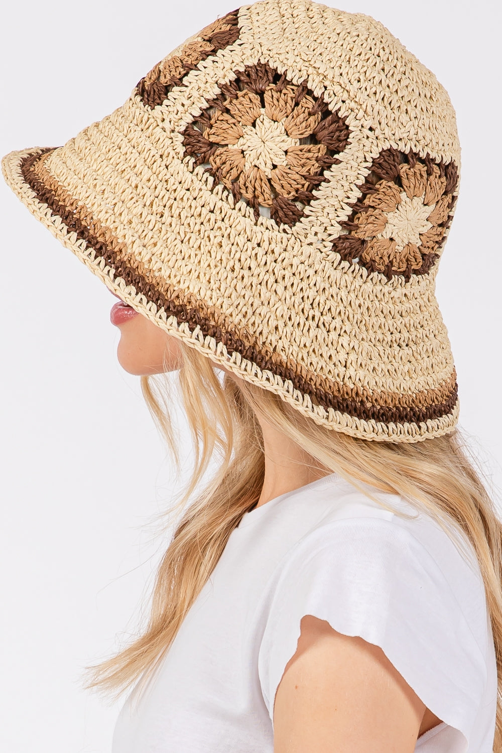 Beige Floral Crochet Straw Material Bucket Hat - Pack of Six Pieces