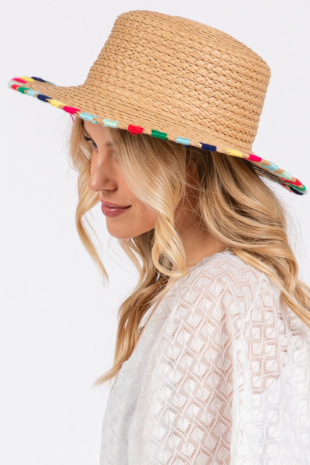 Multi - Colored Wide - Stitched Trimmed Straw Sun Hat in Taupe Color - Pack of Six Pieces