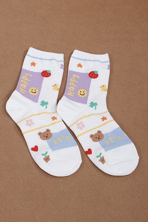 Pack of 6 White 391 Cartoon Pattern Socks