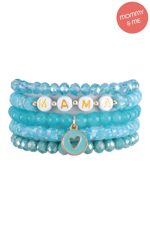 Stackable Mama & Me FIMO Glass Beads Bracelet Set with Heart Pendant in Blue - 12 Pieces Pack