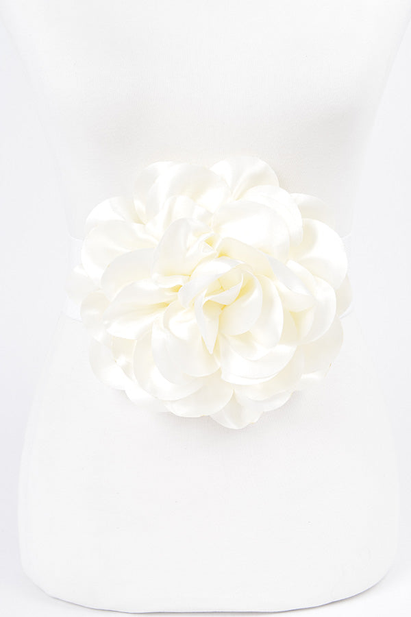 Pack of 6 Satin Elastic Big Flower White Belts