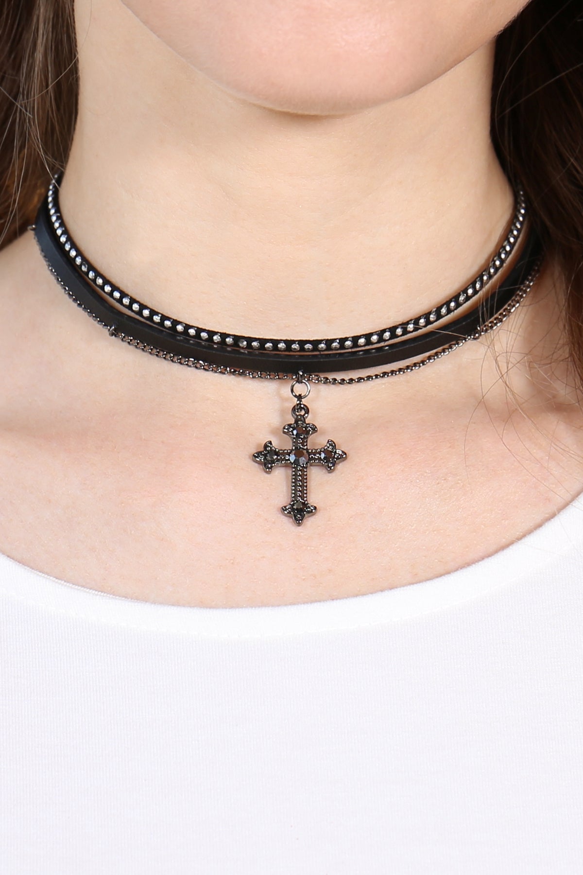 Pack of 6 Black Leather and Metal Cross Choker Necklaces