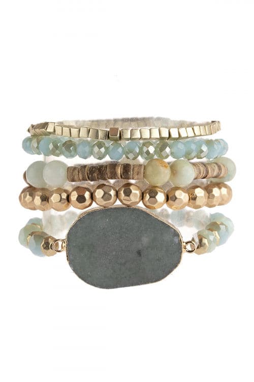 Set of 6 Amazonite Blended Beads Bracelets Adorned with Stone Charms