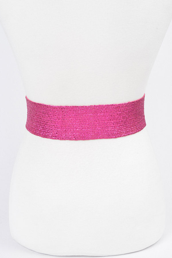 Pack of 6 Multi - Stone Metallic Straw Stretch Belts in Fuchsia Color 4578