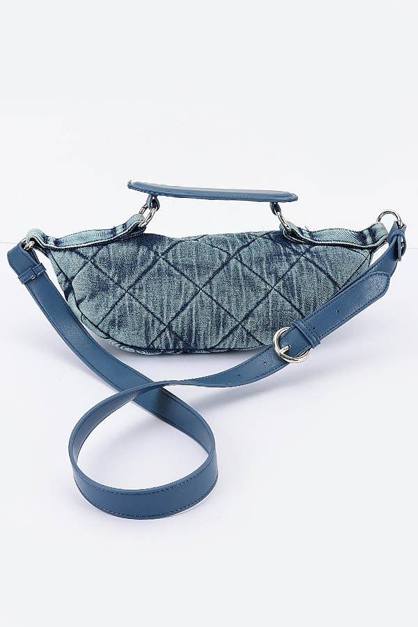 Set of 3 Dark Blue Quilted Washed Denim Crossbody Bags - 0388
