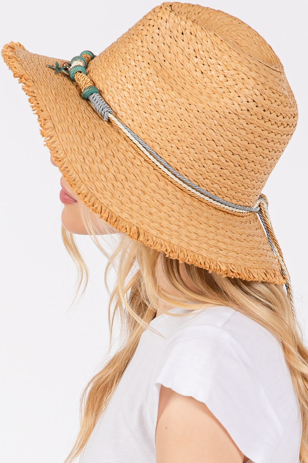 Pack of 6 Taupe Frayed Straw Sun Hats with Braided Starfish Bands - Ideal for Outdoor Sun Protection