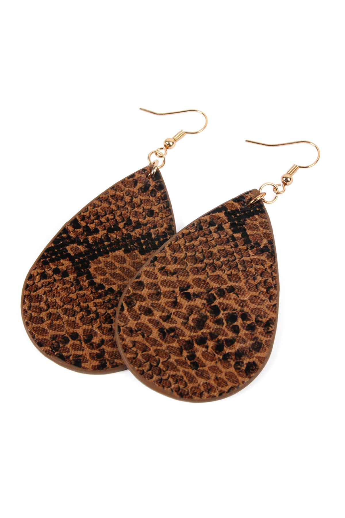 Set of 6 Brown Teardrop Leather Earrings with Snake Skin Design