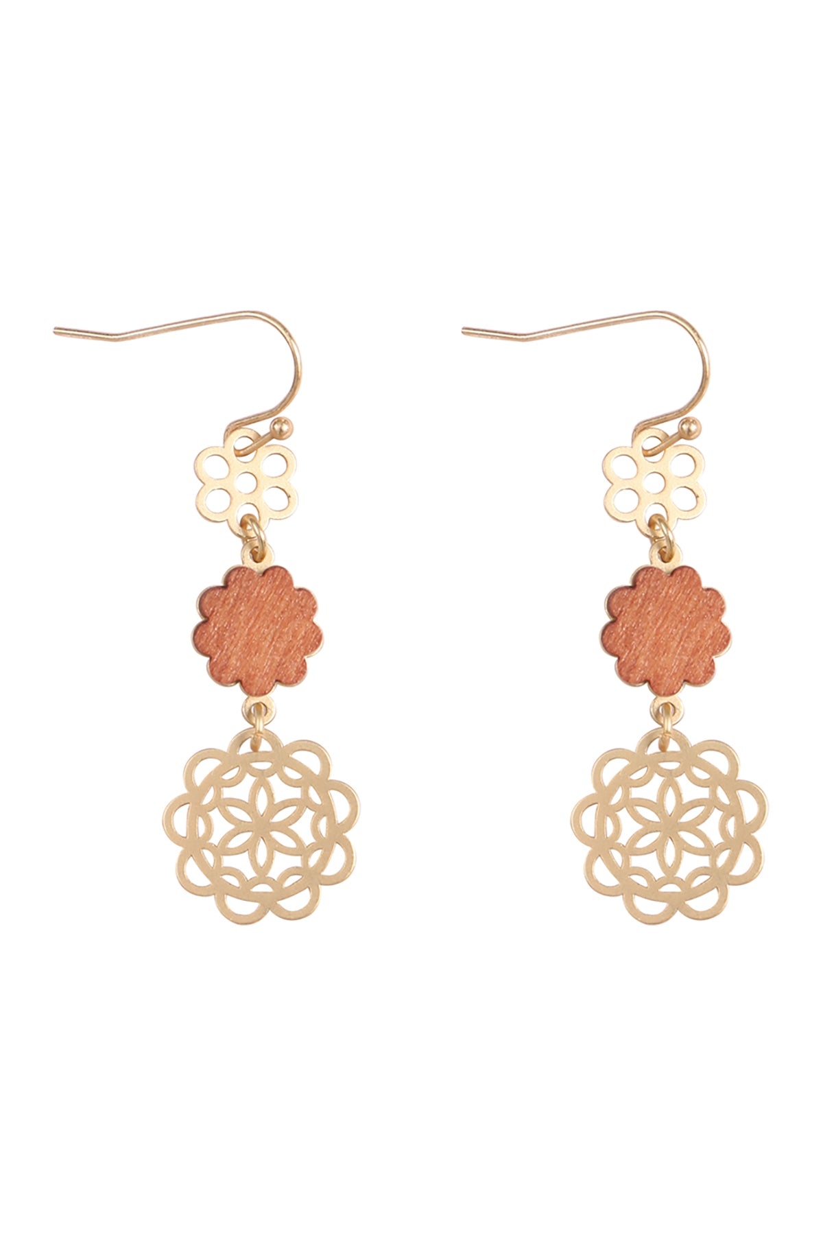 Brown Moroccan Style Flower Wood and Metal Drop Link Earrings - Pack of 6