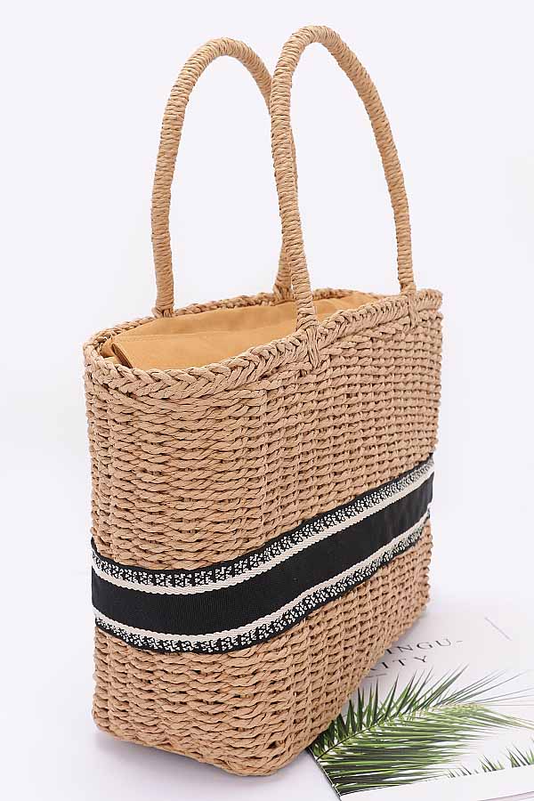 Set of 3 Faux Straw Ivory Tote Bags - 8911