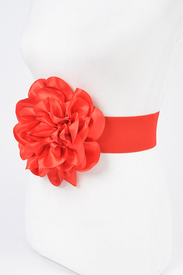 Set of 6 Red Satin Big Flower Elastic Belts - 3678