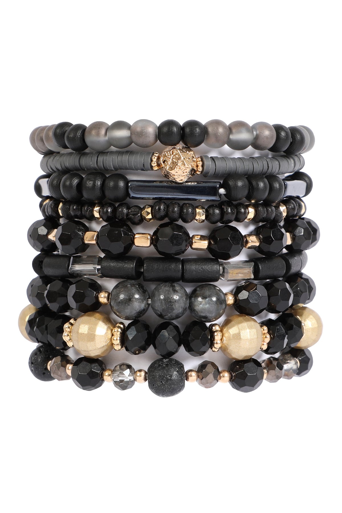 Versatile Layered Charm Bracelet Set of 6 in Black with Mix Wood and FIMO Beads