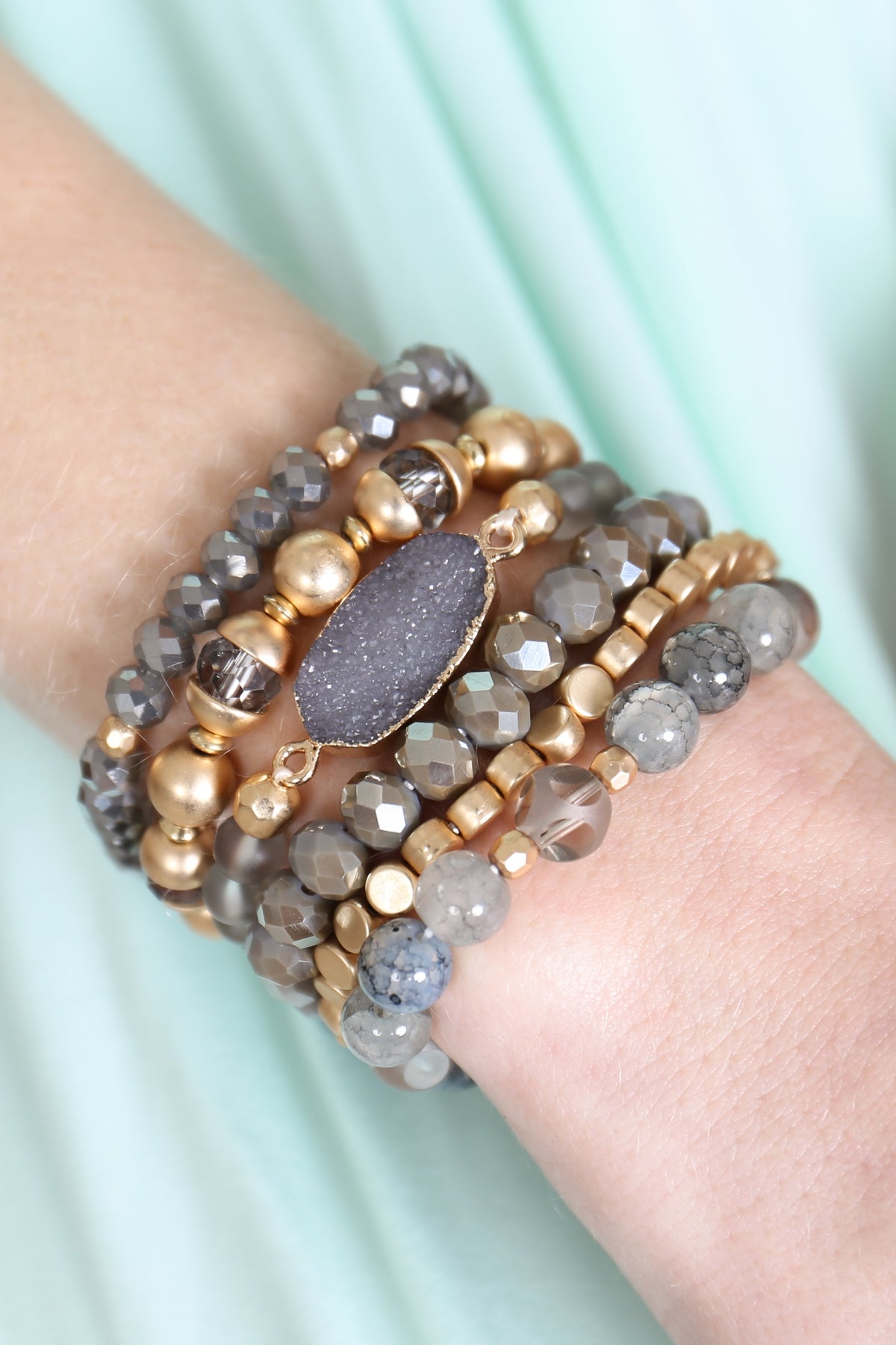 Pack of 6 Light Gray Multi-Line Druzy Stone Charm Bracelets for Fashion Accessories