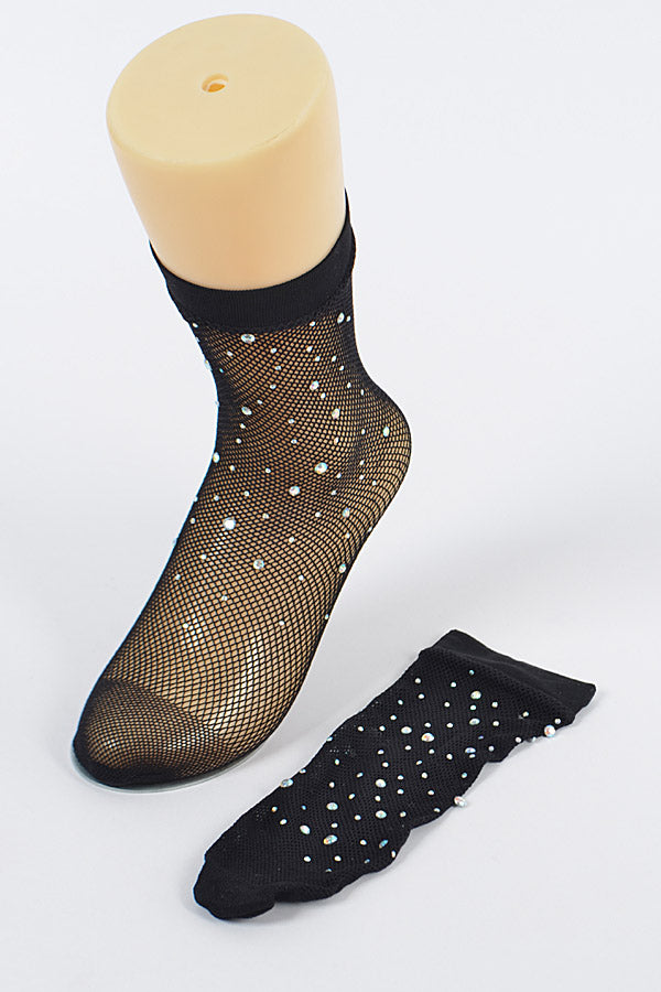 Stylish Black Rhinestone Mesh Socks - Pack of 6